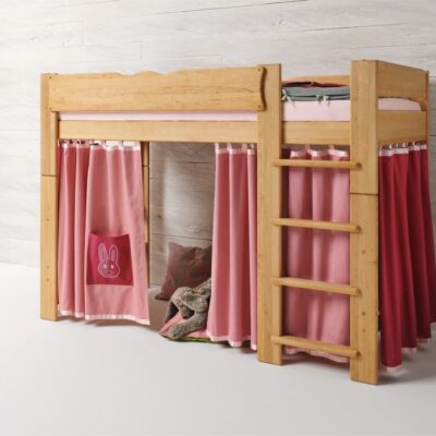 Mittelbett Mobile in Erle geölt in Farbwelt Kaninchen in rosa. Bett Mobile mit Leiter.